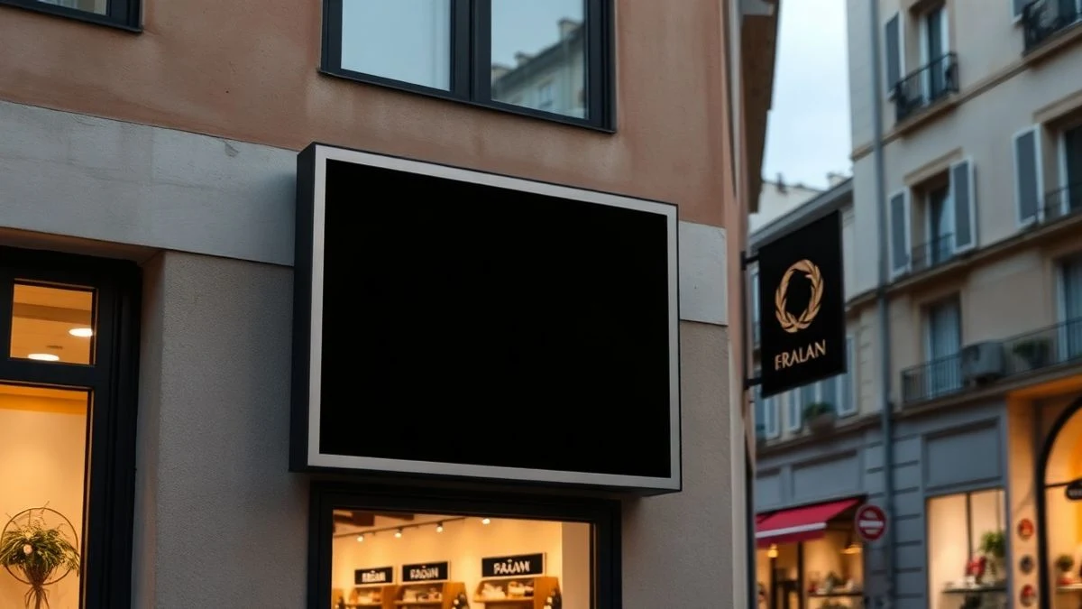 Un escaparate moderno con una gran pantalla de papel electrónico apagada, en una calle europea al atardecer.