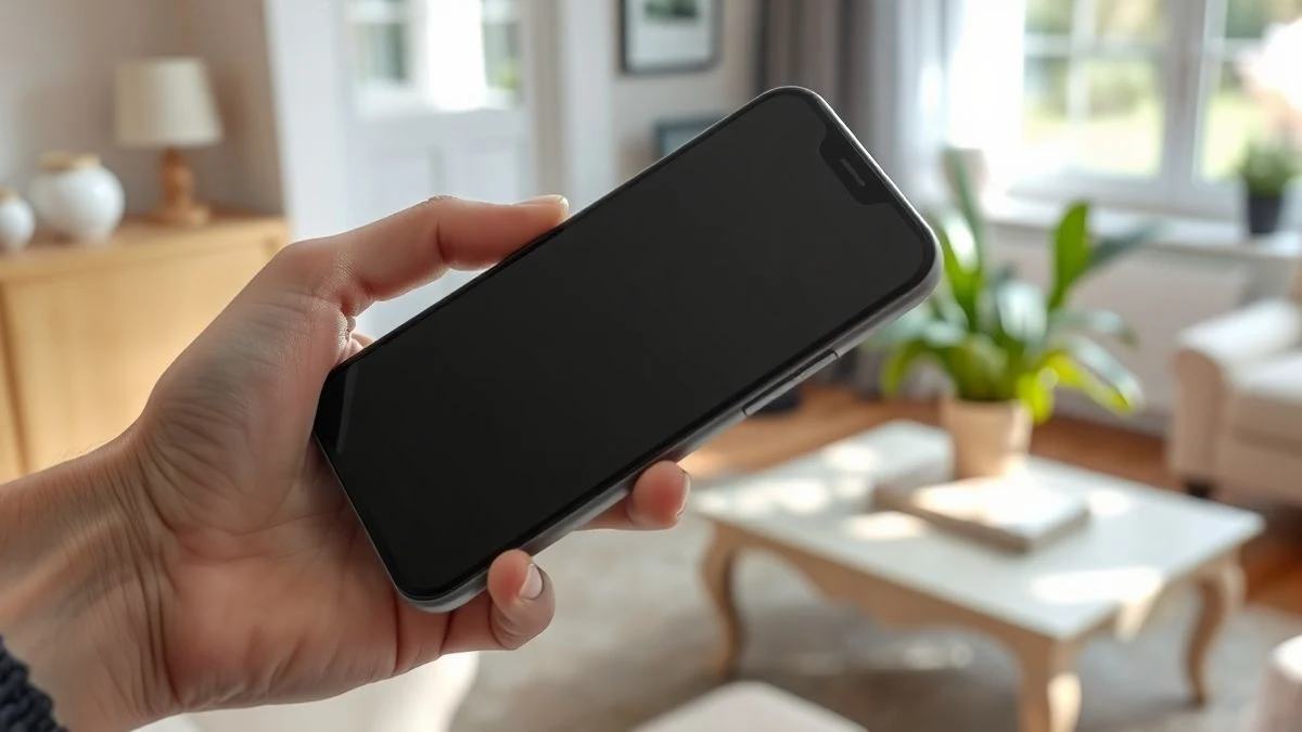 Primer plano de una mano sosteniendo un smartphone con la pantalla apagada en un salón luminoso.