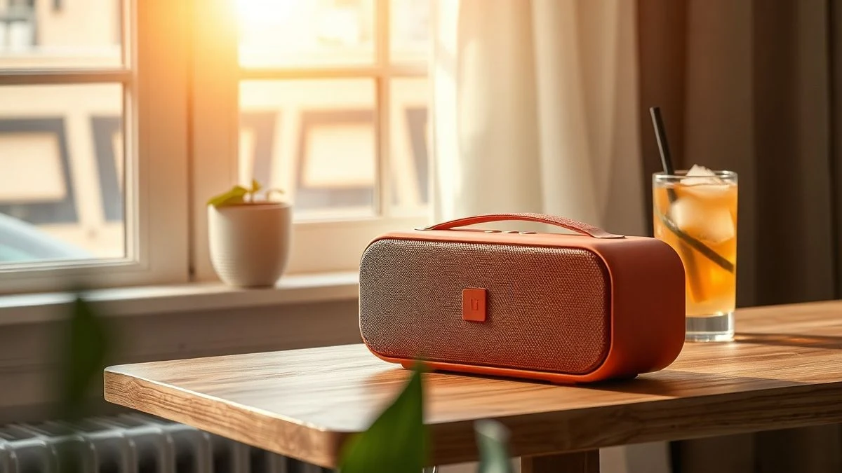 Un altavoz portátil de color melocotón vibrante sobre una mesa de madera junto a una ventana con luz natural y una planta.