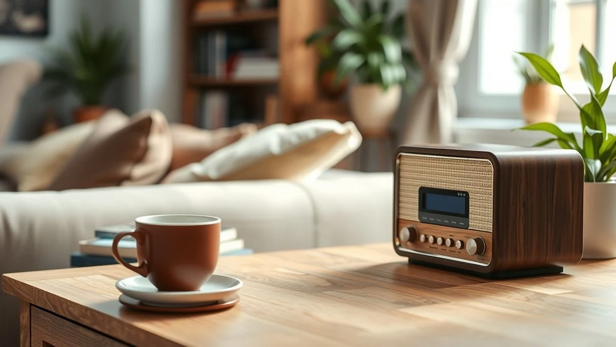 Primer plano de una radio de mesa de estilo retro con carcasa de madera sobre un aparador, con una taza de café al lado y luz natural.