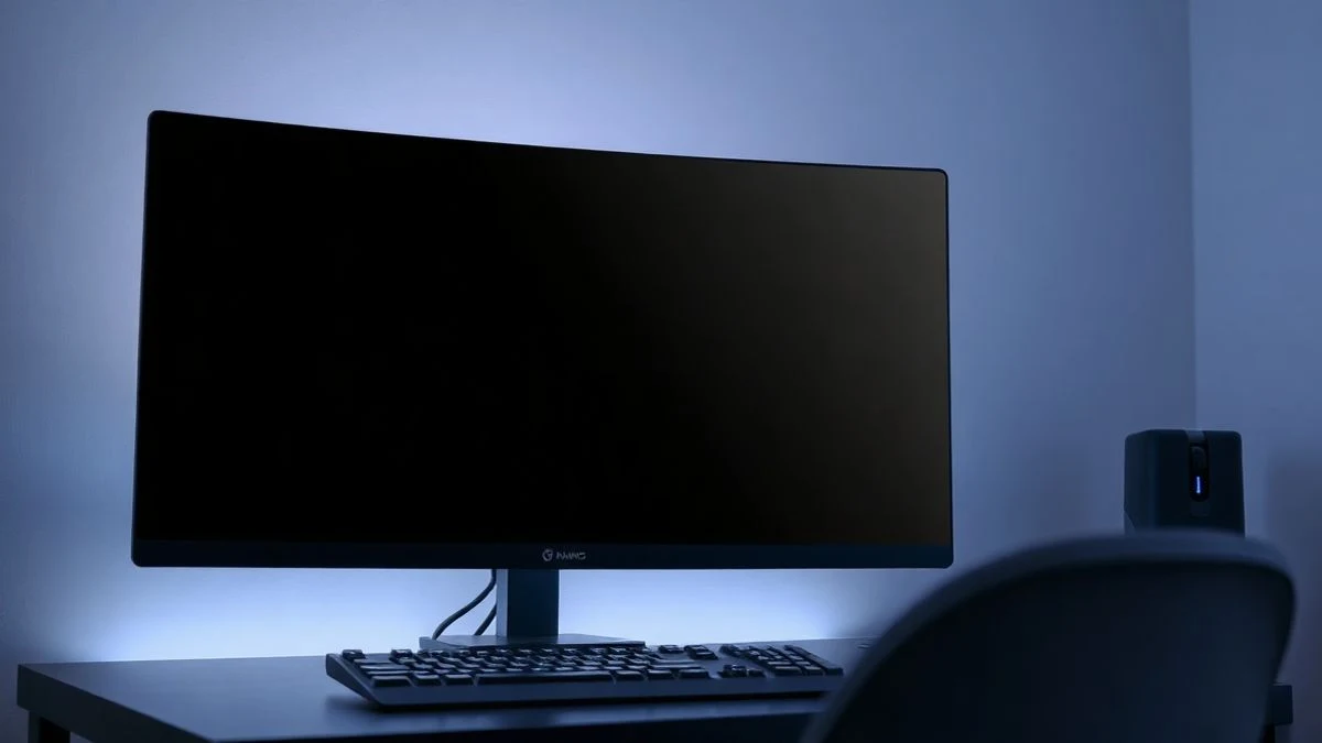 Primer plano de un monitor curvo de gaming apagado sobre un escritorio minimalista con teclado y ratón mecánicos, iluminado por una luz tenue y un brillo azul sutil.