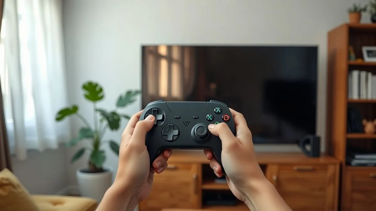 Manos sosteniendo un mando de videojuegos frente a un televisor apagado en un salón moderno.