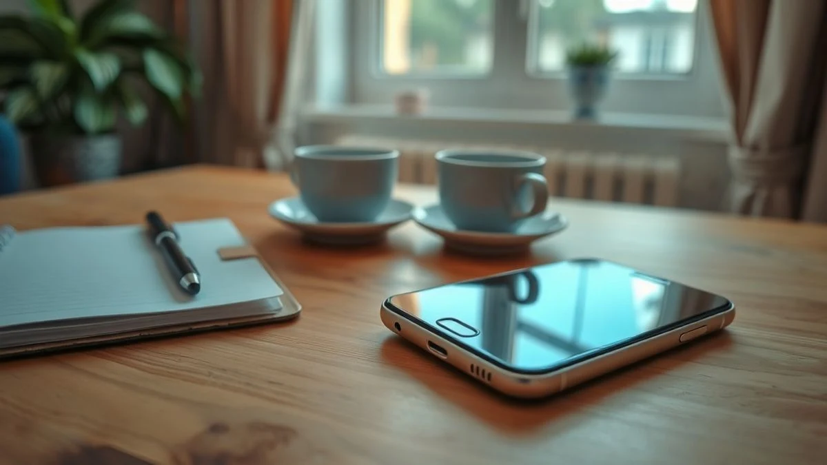 Un teléfono móvil apagado sobre una mesa de madera junto a una libreta y una taza de café.