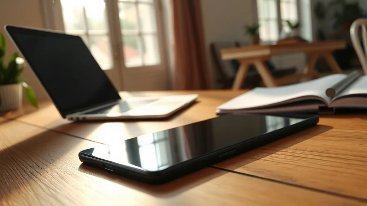 Un teléfono plegable moderno apagado sobre una mesa de madera, con luz natural de una ventana y un portátil desenfocado al fondo.