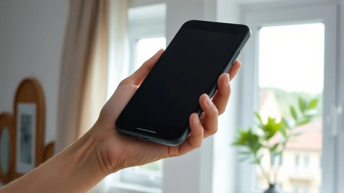 Mano sosteniendo un teléfono móvil apagado en un salón moderno con luz natural.