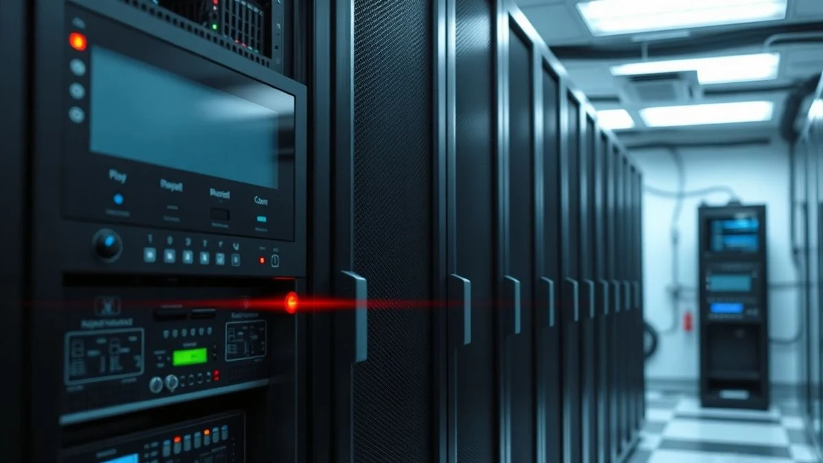Primer plano de un rack de servidores con una luz roja de alerta encendida en uno de los módulos, ambiente oscuro y tecnológico.