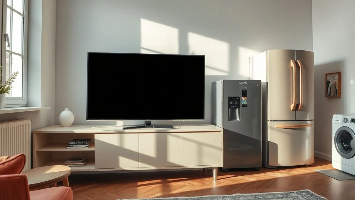 Salón moderno con televisor apagado, nevera y lavadora, iluminado por luz natural.