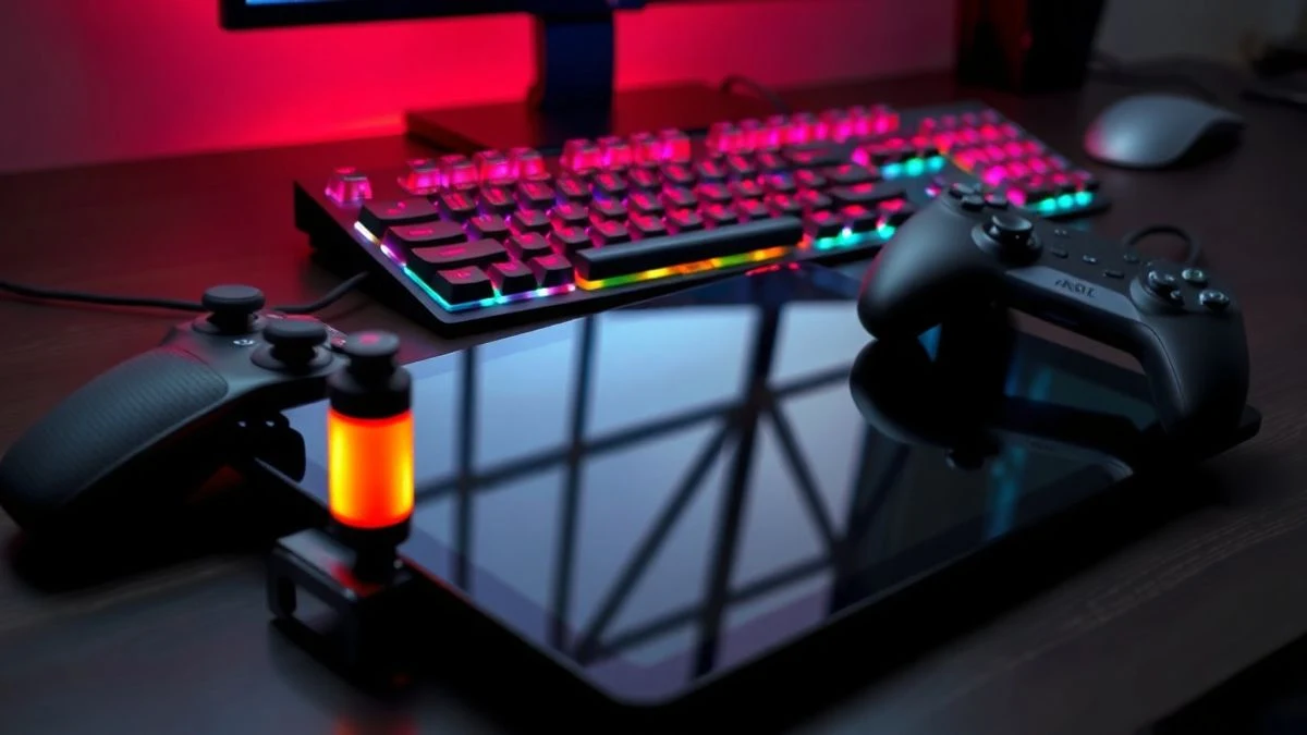 Tableta gaming apagada sobre un escritorio moderno con un mando de juego al lado, teclado retroiluminado al fondo.