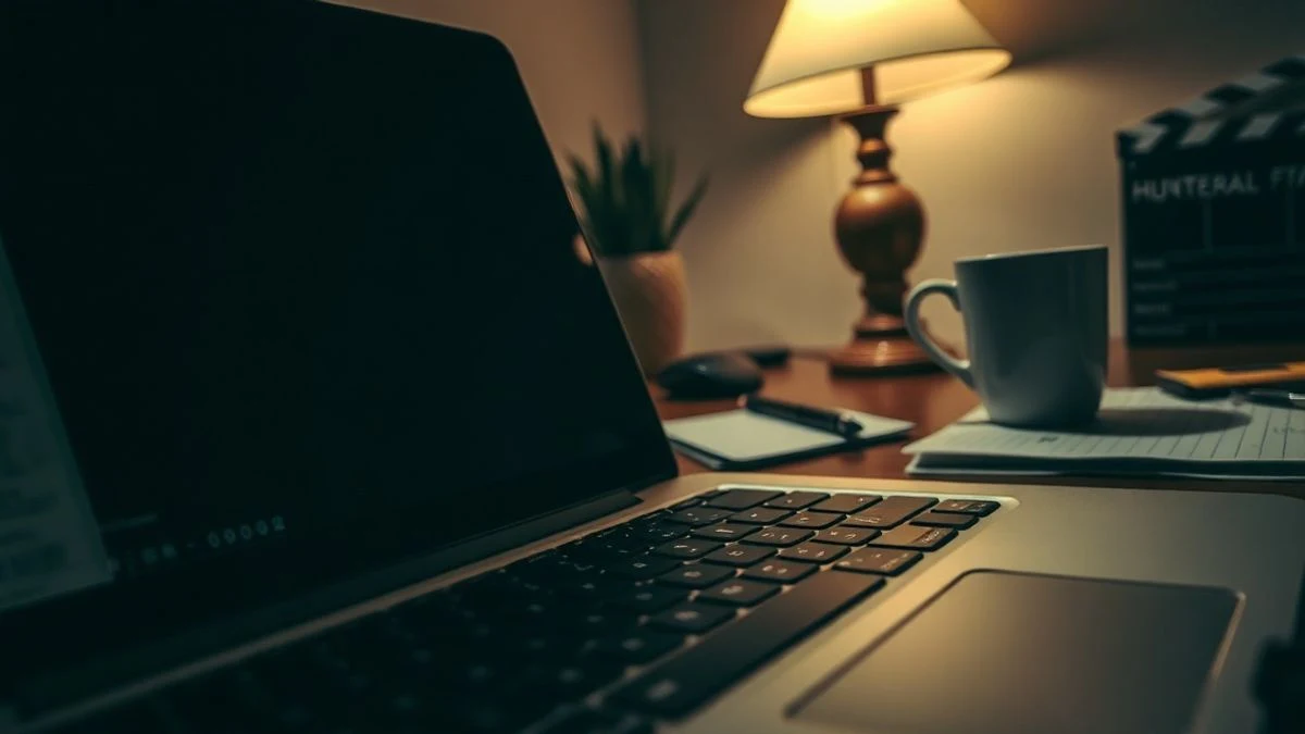 Primer plano de un teclado de portátil en una habitación oscura, con la pantalla apagada y una taza de café al lado, en un ambiente de trabajo creativo.