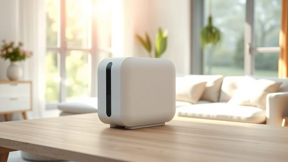 Un purificador de aire portátil blanco y plateado sobre una mesa de madera clara en un salón luminoso y moderno, con luz natural entrando por una ventana.