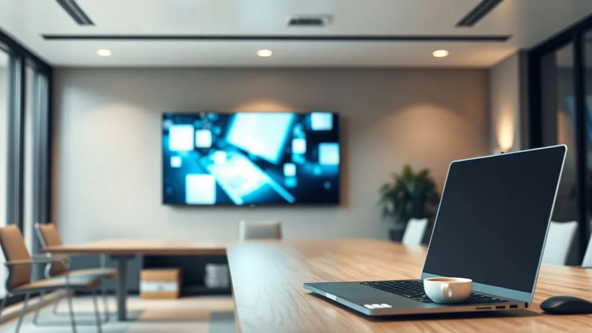 Sala de conferencias moderna con una pantalla grande apagada y un portátil cerrado sobre una mesa de madera, con luz natural.