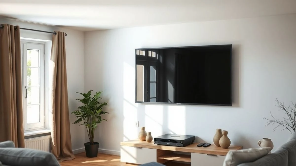 Un salón moderno con un televisor gigante de pantalla plana apagado montado en la pared, reflejando la luz natural de la ventana.