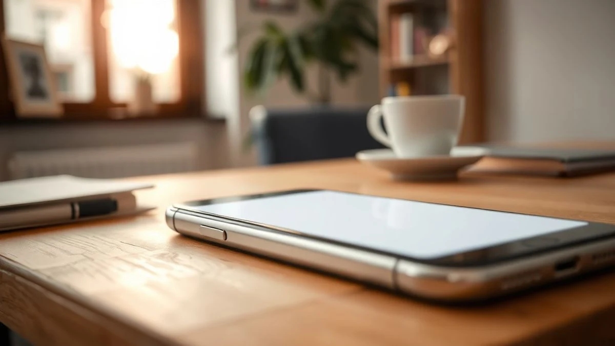 Primer plano de un smartphone apagado sobre una mesa de madera en una sala de estar luminosa, con una libreta y una taza de café al lado.