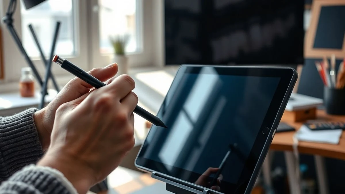 Primer plano de las manos de un artista sujetando un lápiz digital sobre una tableta gráfica con la pantalla en negro, en un estudio con luz natural.