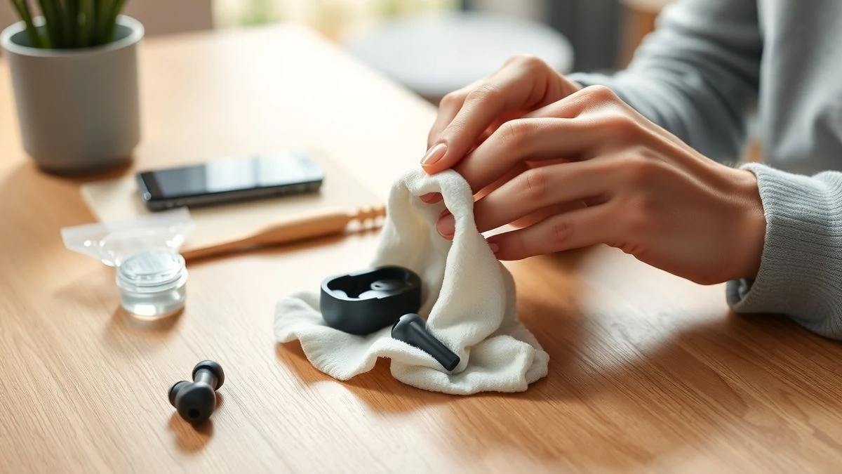 Primer plano de unas manos limpiando unos auriculares inalámbricos negros con un paño sobre una mesa de madera, con luz natural.