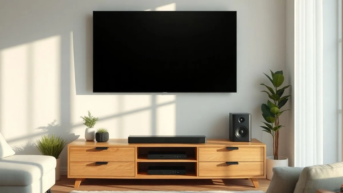 Una barra de sonido minimalista colocada sobre un mueble de madera, frente a un televisor con la pantalla apagada en un salón moderno con luz natural.