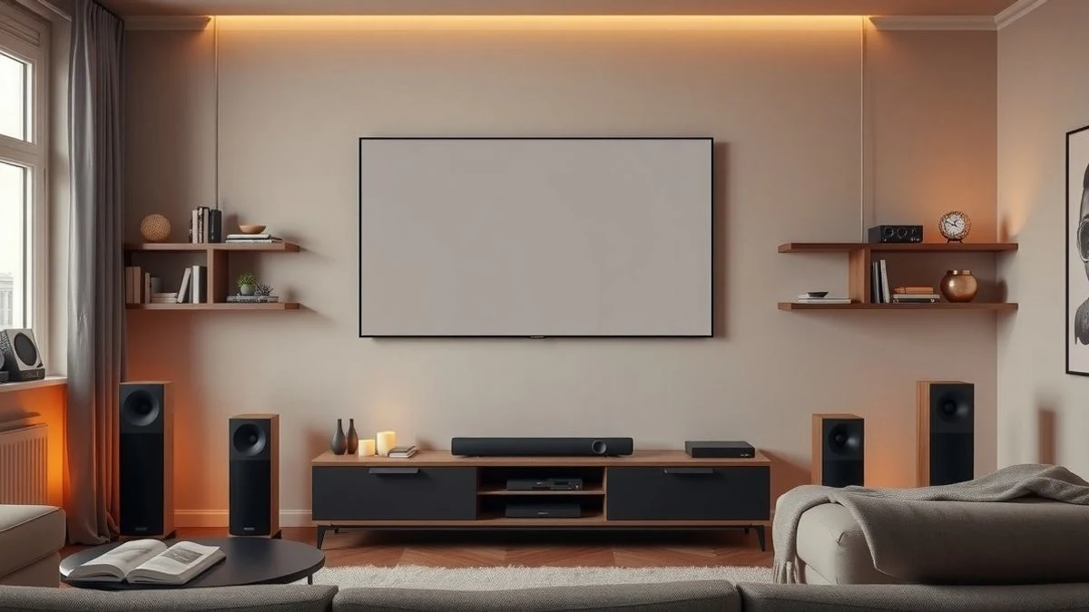 Salón moderno europeo con televisión de pantalla apagada, barra de sonido y altavoces de pie.