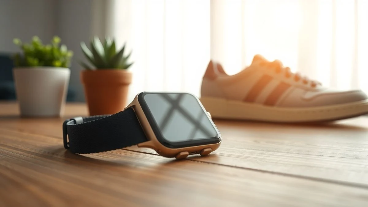 Primer plano de un smartwatch apagado sobre una mesa de madera, con luz natural y una planta al fondo.