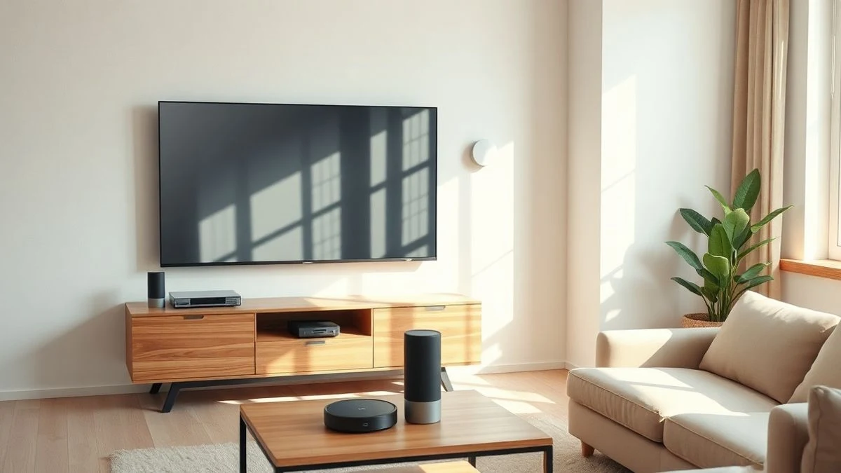Salón moderno con televisor de pantalla plana apagado en la pared y varios electrodomésticos inteligentes sobre la mesa de centro y el suelo.