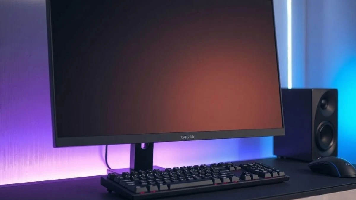 Primer plano de un monitor de ordenador apagado sobre un escritorio minimalista, con teclado y ratón gaming desenfocados al fondo.