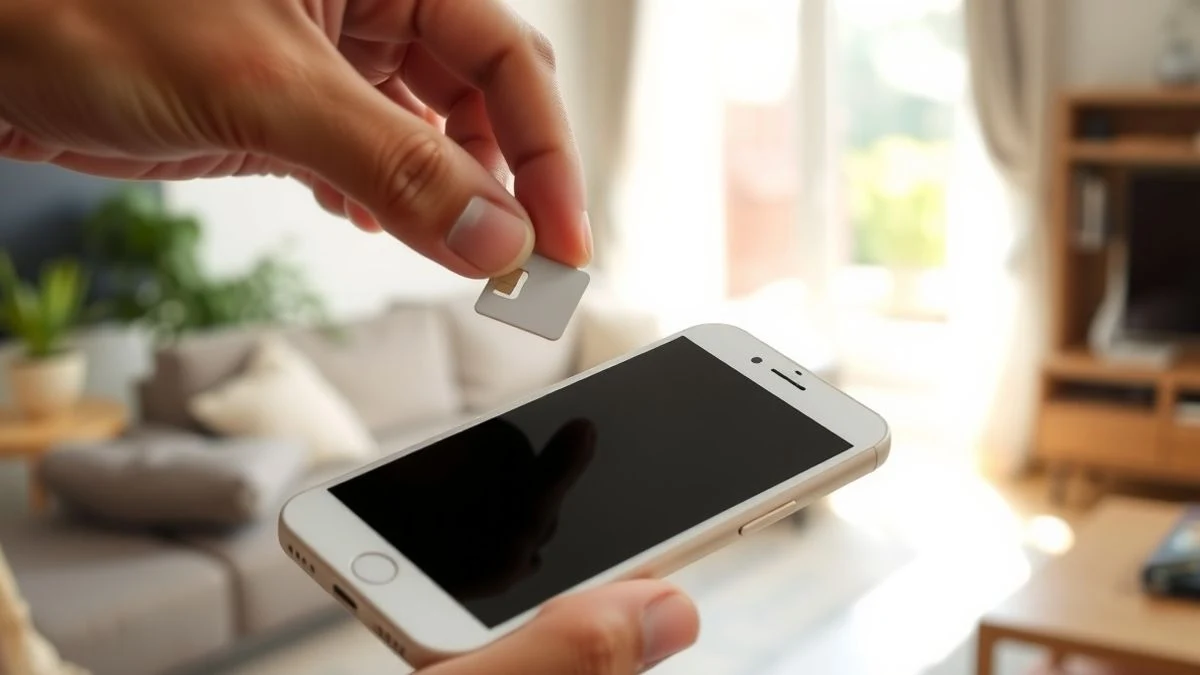 Mano insertando una tarjeta SIM en un teléfono móvil apagado, en un salón luminoso.