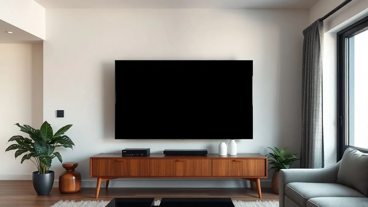 Salón moderno con un televisor de pantalla plana apagado montado en la pared, luz natural.