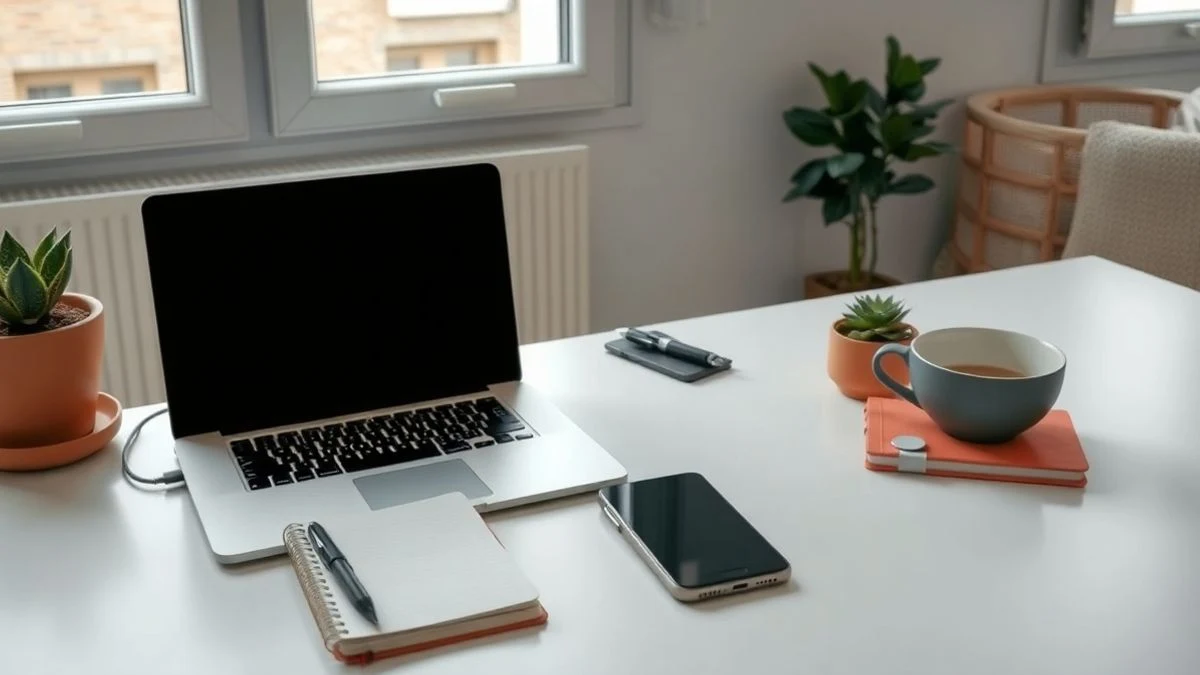 Un escritorio minimalista con un portátil y un teléfono apagados, junto a una libreta, un bolígrafo, una taza de café y una planta, con luz natural de una ventana.