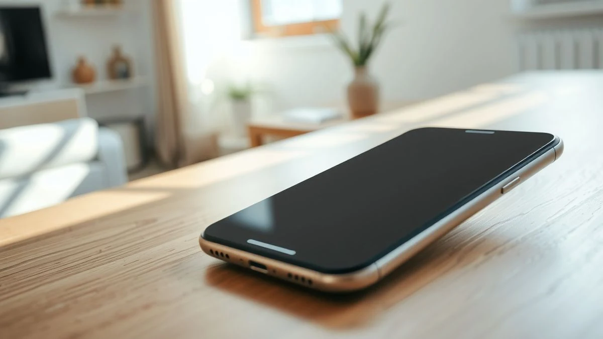 Primer plano de un smartphone moderno apagado sobre una mesa de madera en un salón luminoso, con la pantalla negra reflejando la luz de la ventana.