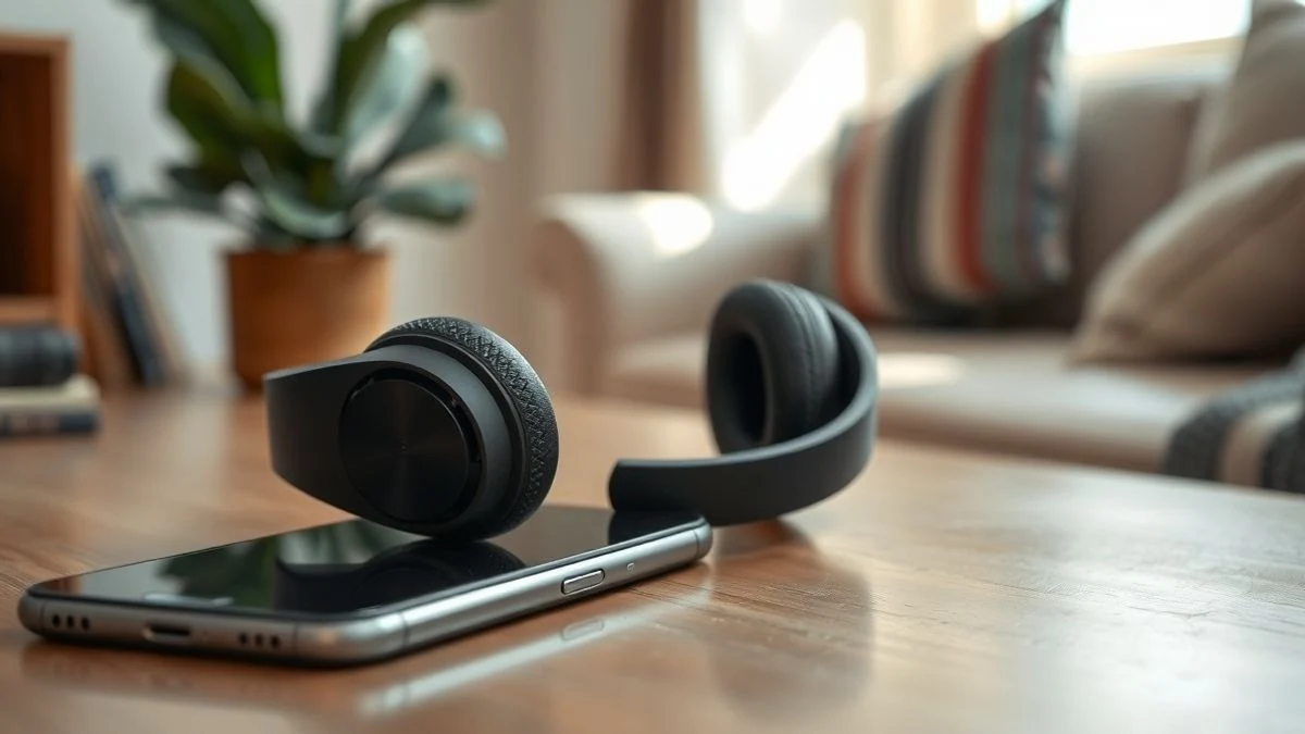 Primer plano de unos auriculares inalámbricos negros sobre una mesa de madera, junto a un teléfono con la pantalla apagada, en un salón luminoso.