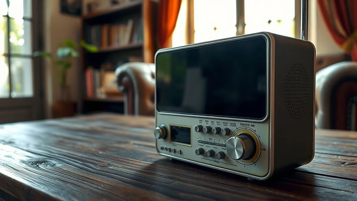 Primer plano de una radio portátil de estilo retro sobre una mesa de madera en una sala de estar luminosa.