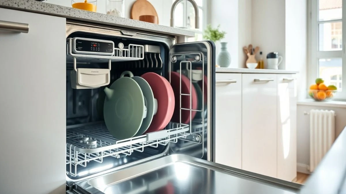 Un lavavajillas moderno de acero inoxidable en una cocina luminosa y minimalista, con la puerta entreabierta y los estantes vacíos.
