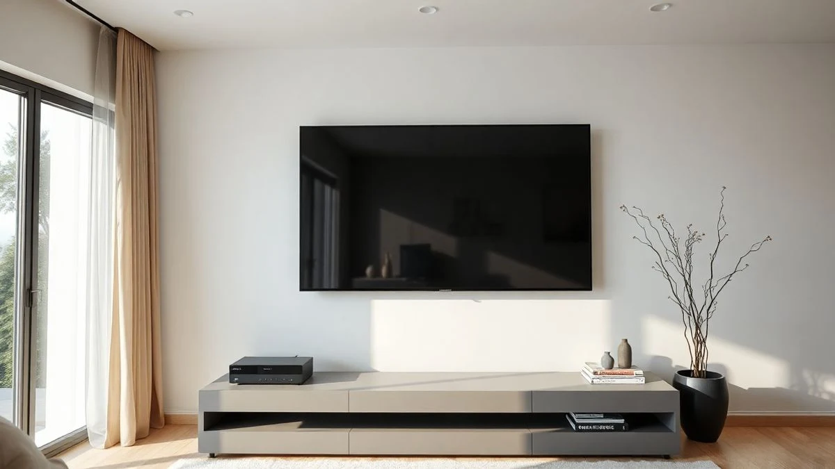 Una sala de estar moderna con un televisor de pantalla gigante apagado en la pared, reflejando la luz natural de la ventana.