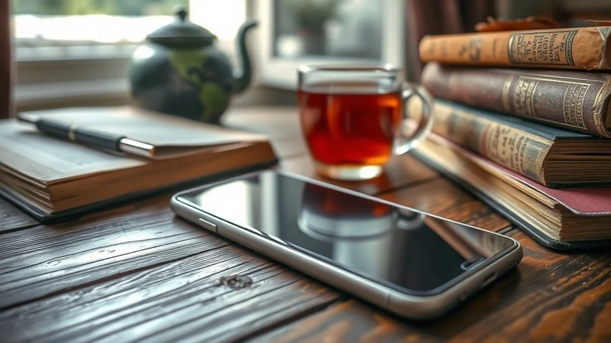 Primer plano de un teléfono móvil apagado sobre una mesa de madera, junto a una pila de libros antiguos y una taza de té, con luz natural de ventana.