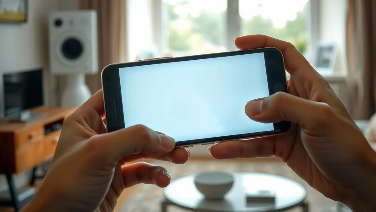 Manos sosteniendo un smartphone apagado en un salón luminoso, con la pantalla reflejando la luz de la ventana.