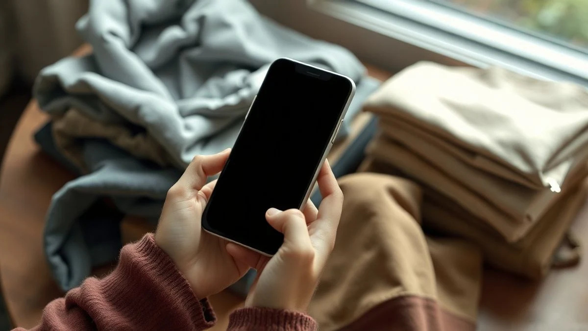 Primer plano de unas manos sujetando un smartphone apagado sobre una mesa de madera junto a ropa doblada.