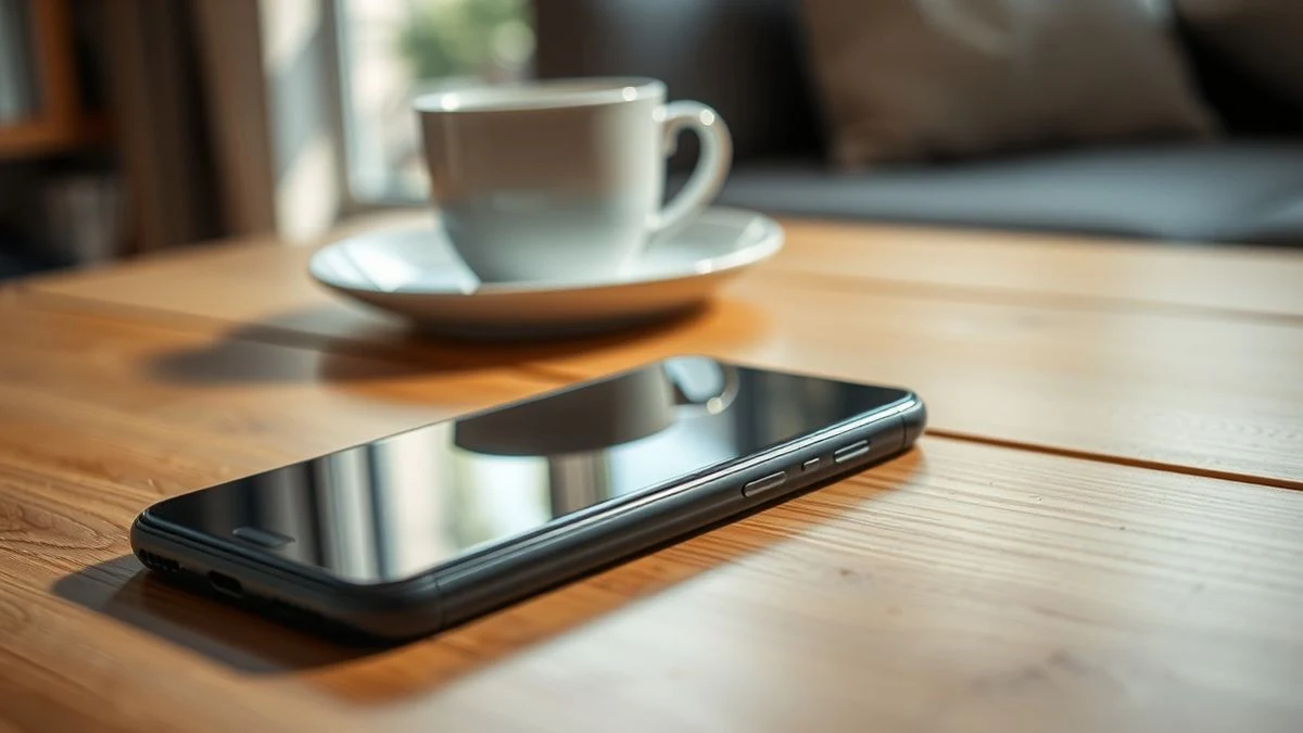 Un smartphone moderno apagado sobre una mesa de madera, con una taza de café desenfocada al fondo, en un salón luminoso.