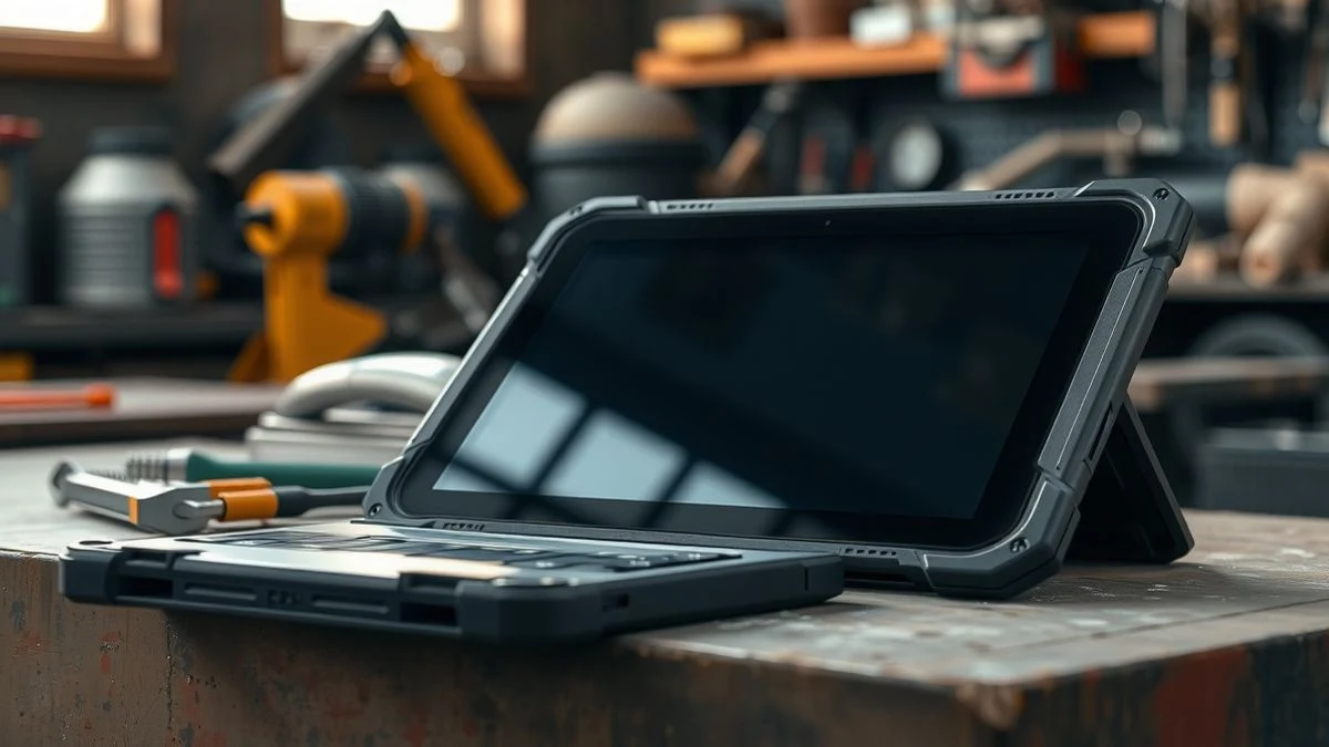 Tableta robusta apagada sobre una mesa de trabajo en un taller industrial, con herramientas de fondo.