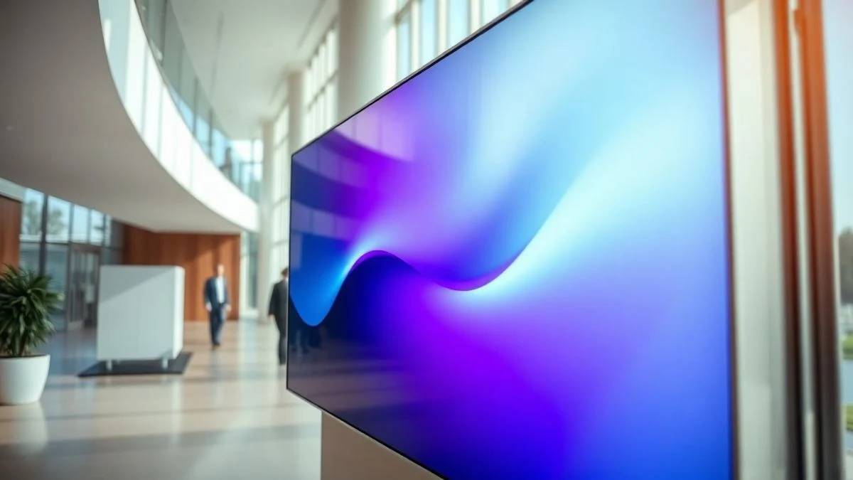Primer plano de una gran pared de pantallas LED con luces azules y moradas en un vestíbulo corporativo moderno.