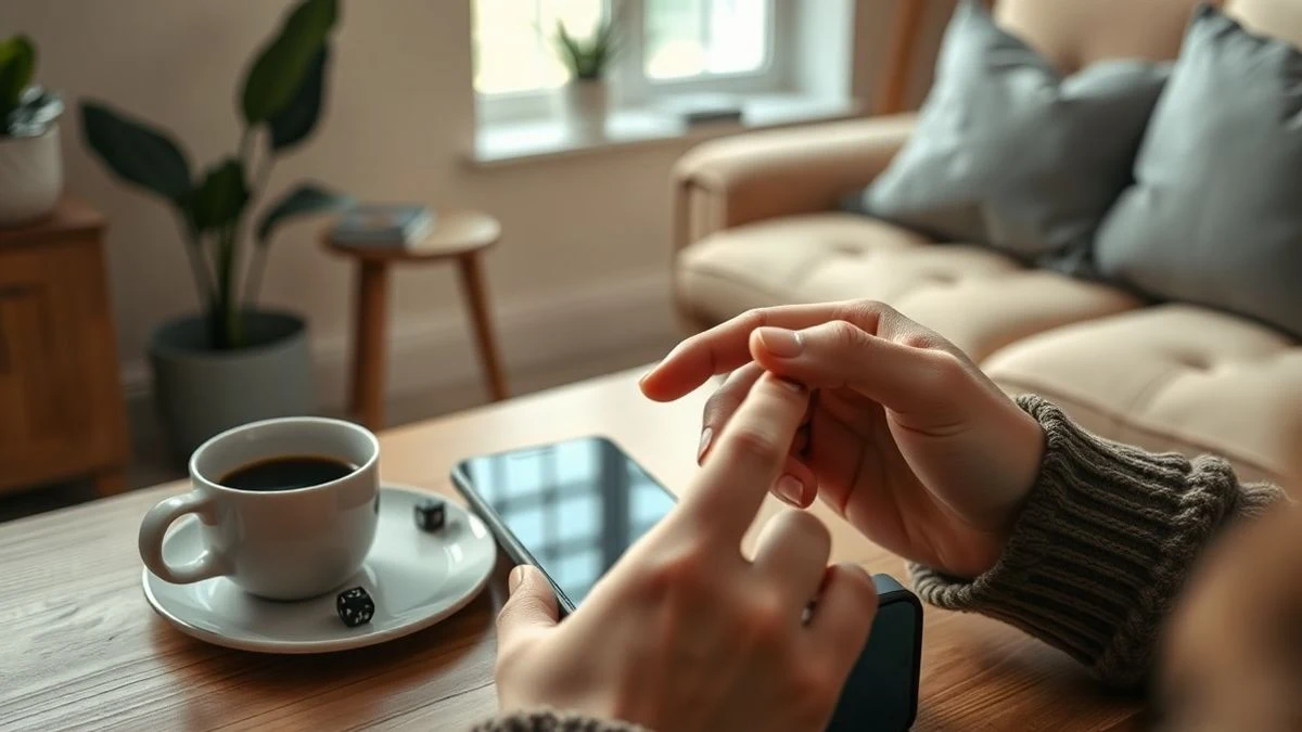 Primer plano de unas manos sosteniendo un teléfono móvil apagado sobre una mesa de madera, con una taza de café y dados al lado, en un salón moderno con luz natural.