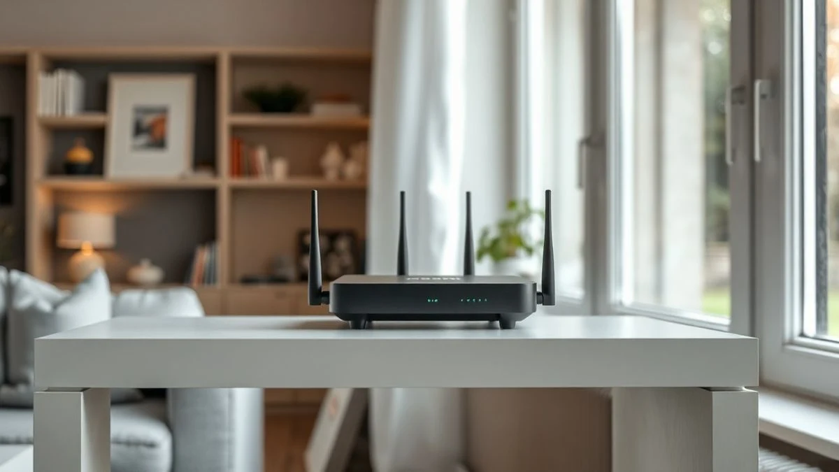 Un router moderno con antenas en una estantería de un salón contemporáneo, iluminado por luz natural.
