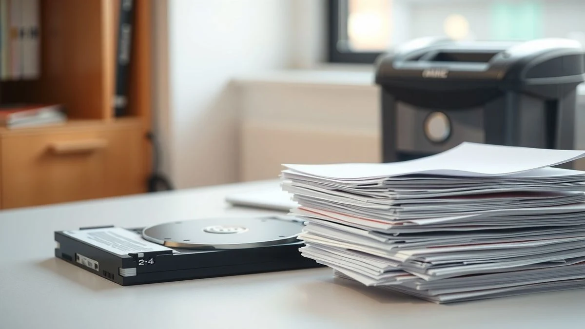 Documentos apilados y un disco duro sobre una mesa de oficina, con una trituradora de papel al fondo.
