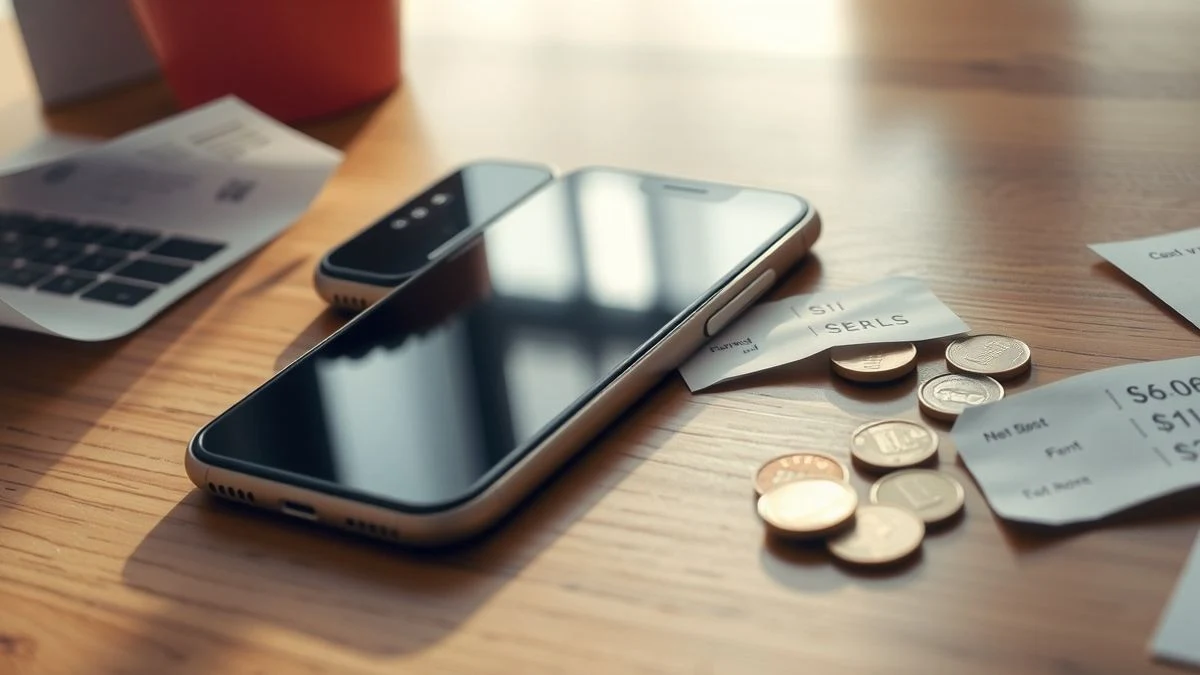 Primer plano de un teléfono móvil apagado sobre una mesa de madera, junto a recibos de compra y monedas, con luz natural de ventana.