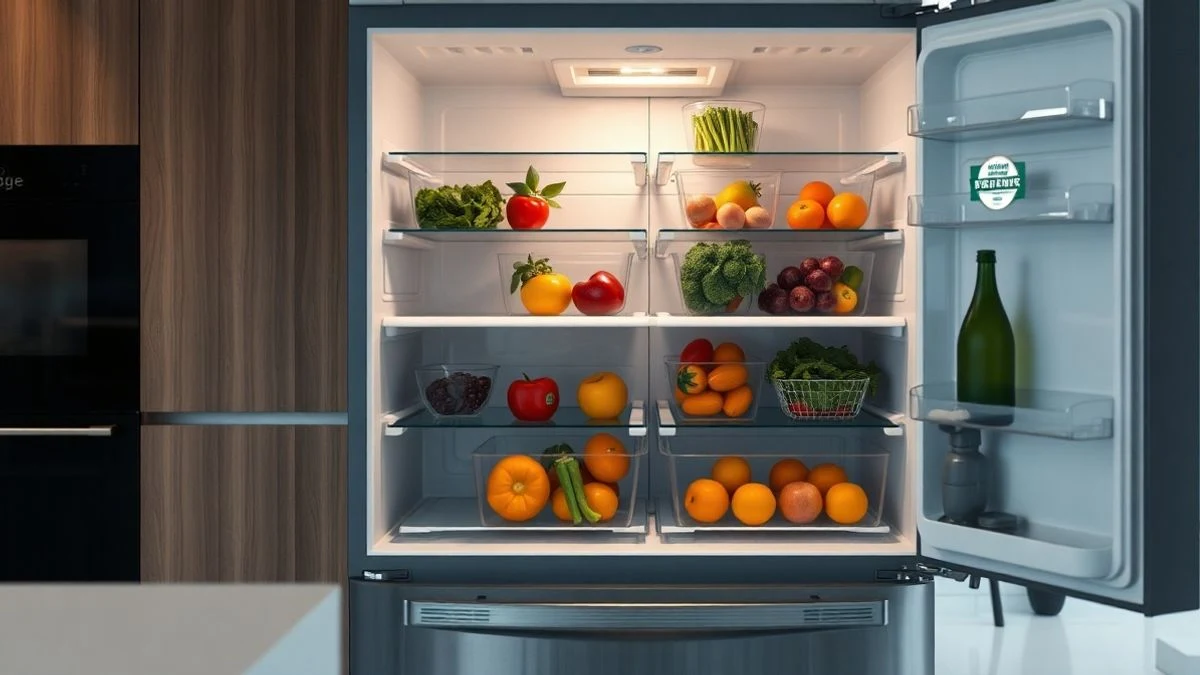 Interior de una nevera moderna con alimentos frescos en envases, iluminada suavemente.