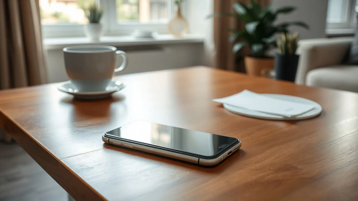 Un smartphone moderno apagado sobre una mesa de madera en una sala de estar luminosa, junto a una taza de café y una planta.