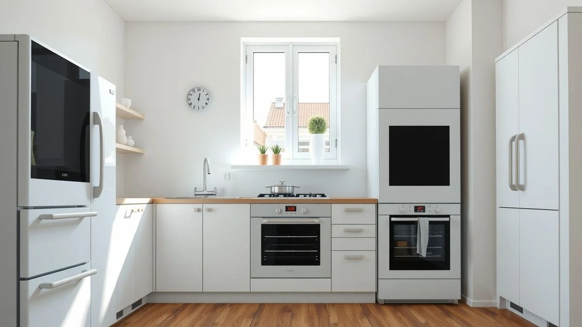 Cocina moderna y luminosa con electrodomésticos blancos de pantalla apagada, reflejando la luz natural de la ventana.