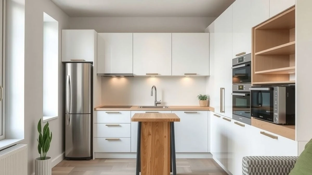Cocina moderna y compacta con electrodomésticos integrados de acero inoxidable mate y luz natural.