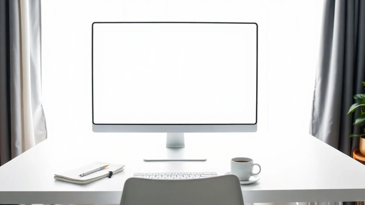 Un escritorio moderno con un monitor apagado que refleja la luz natural, acompañado de un cuaderno, un bolígrafo y una taza de café.