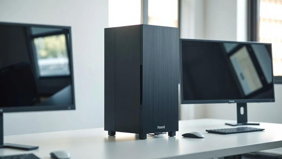Una torre de computadora de escritorio moderna en un escritorio de oficina minimalista con luz natural de una ventana, monitor apagado al fondo.