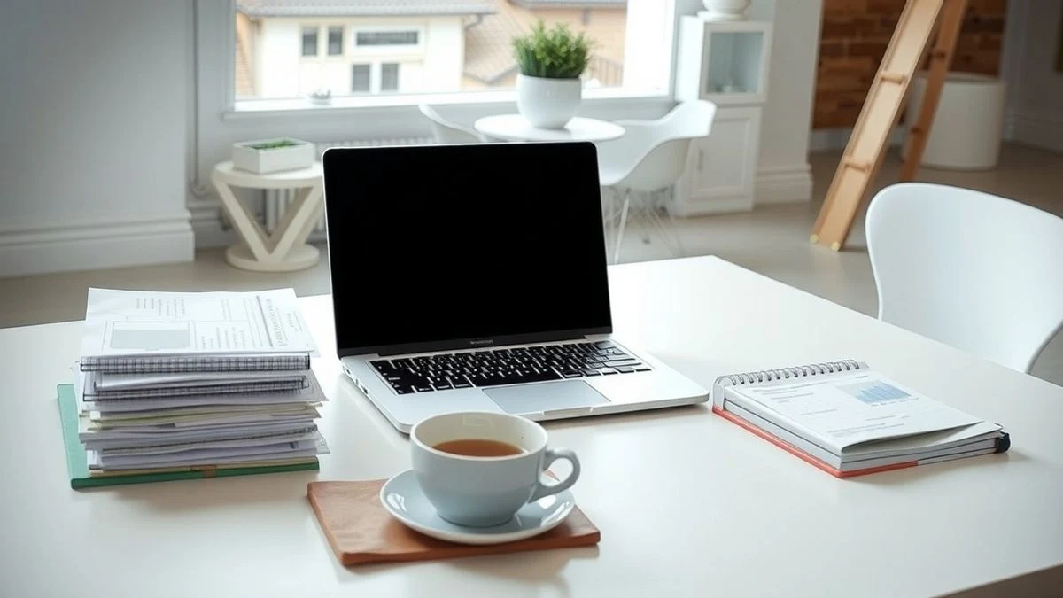 Un escritorio de oficina en casa con un portátil apagado, pilas de documentos y una taza de café, iluminado por luz natural.