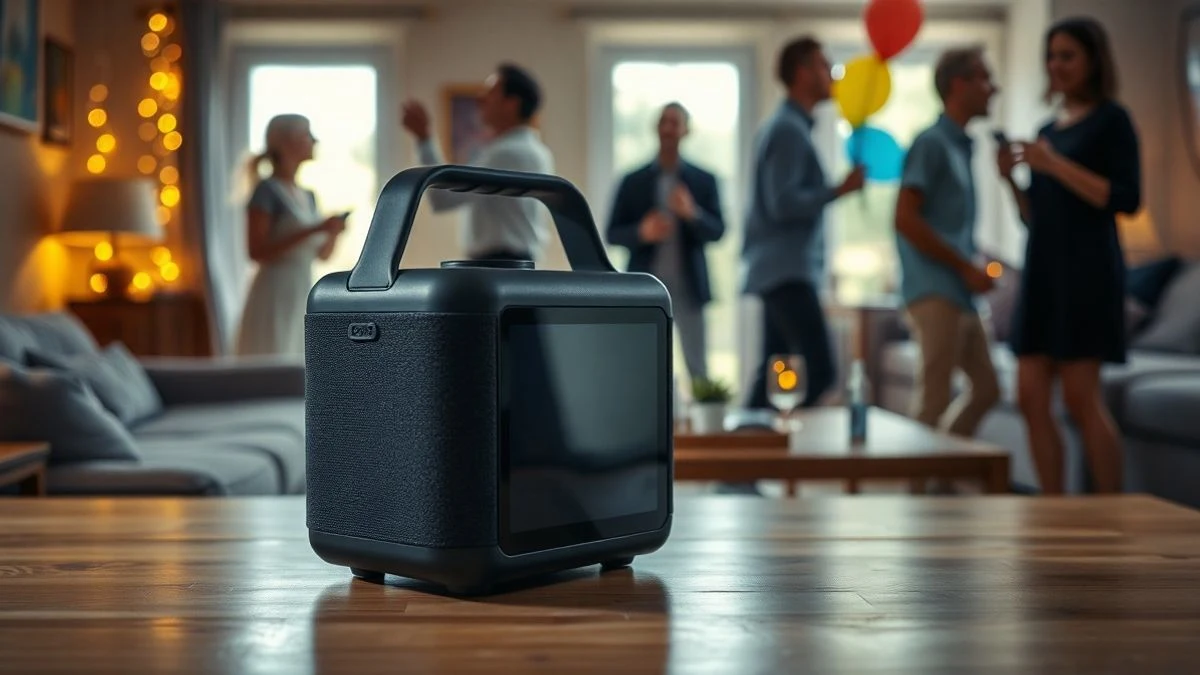 Altavoz portátil moderno sobre una mesa de madera en un salón con luces de fiesta al fondo.